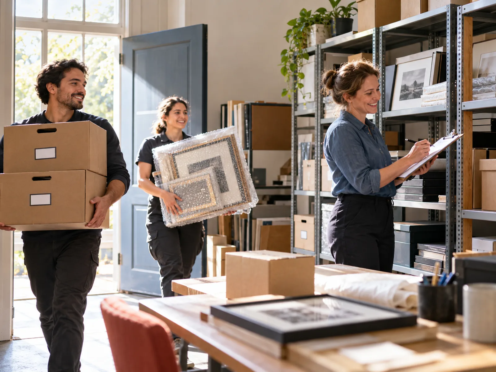 Movers carrying labeled boxes into a bright archive room while one checks a clipboard.