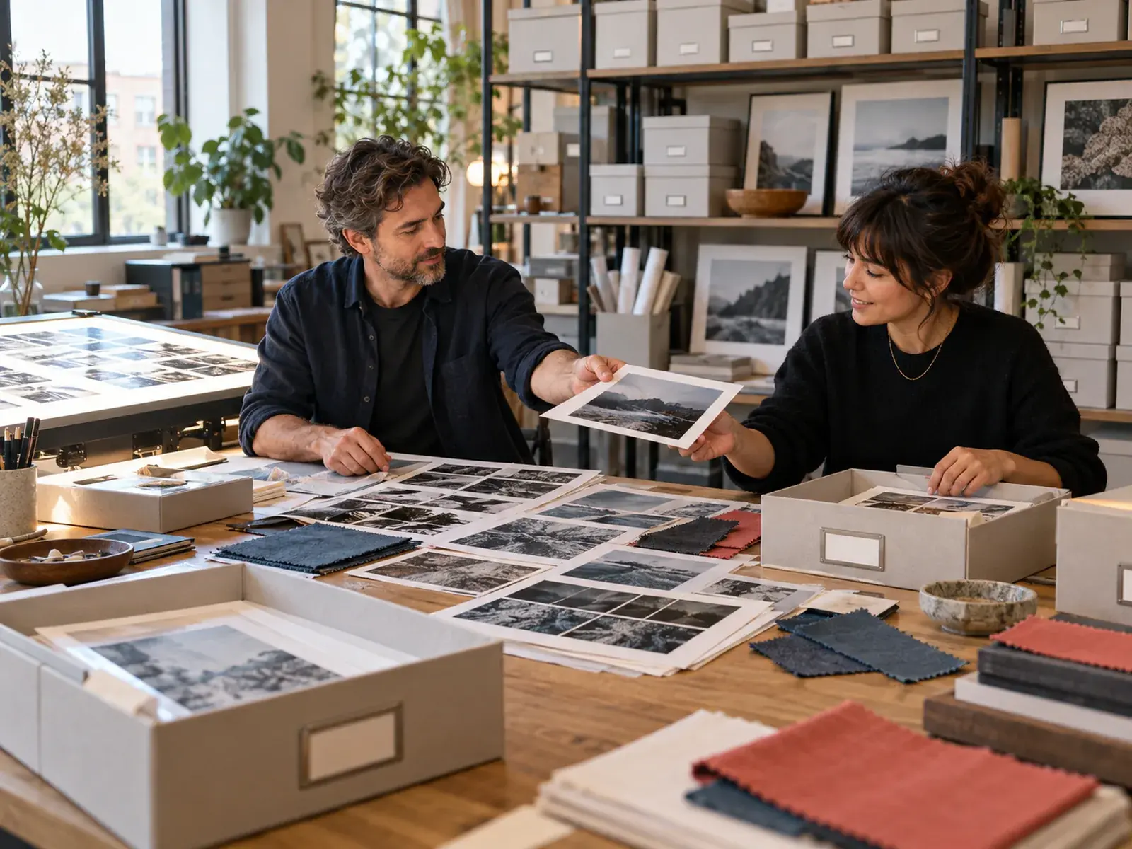 Two people sorting printed photos and swatches into labeled archive boxes in front of tall shelves.