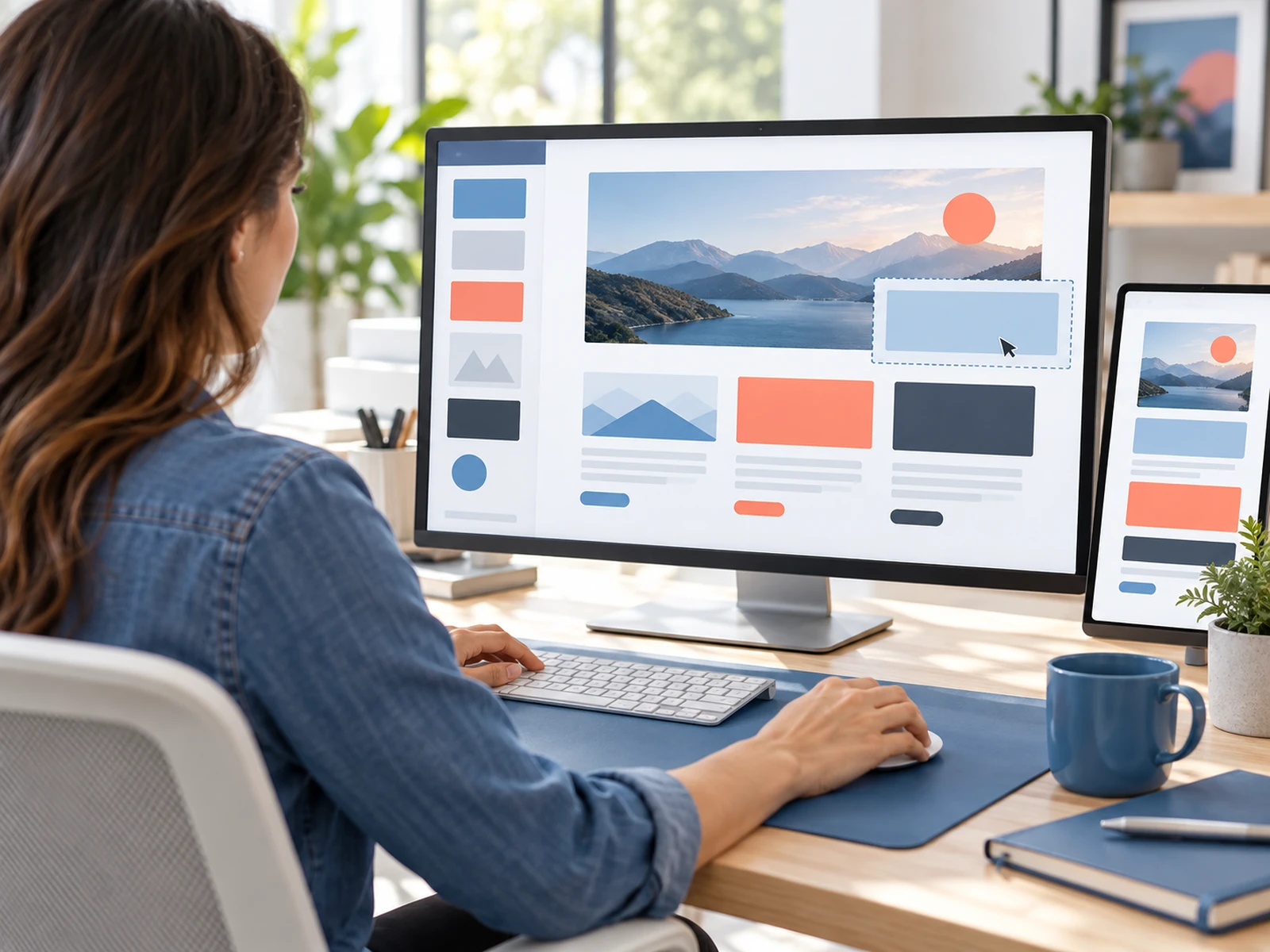 Content author editing a website page on a large monitor.