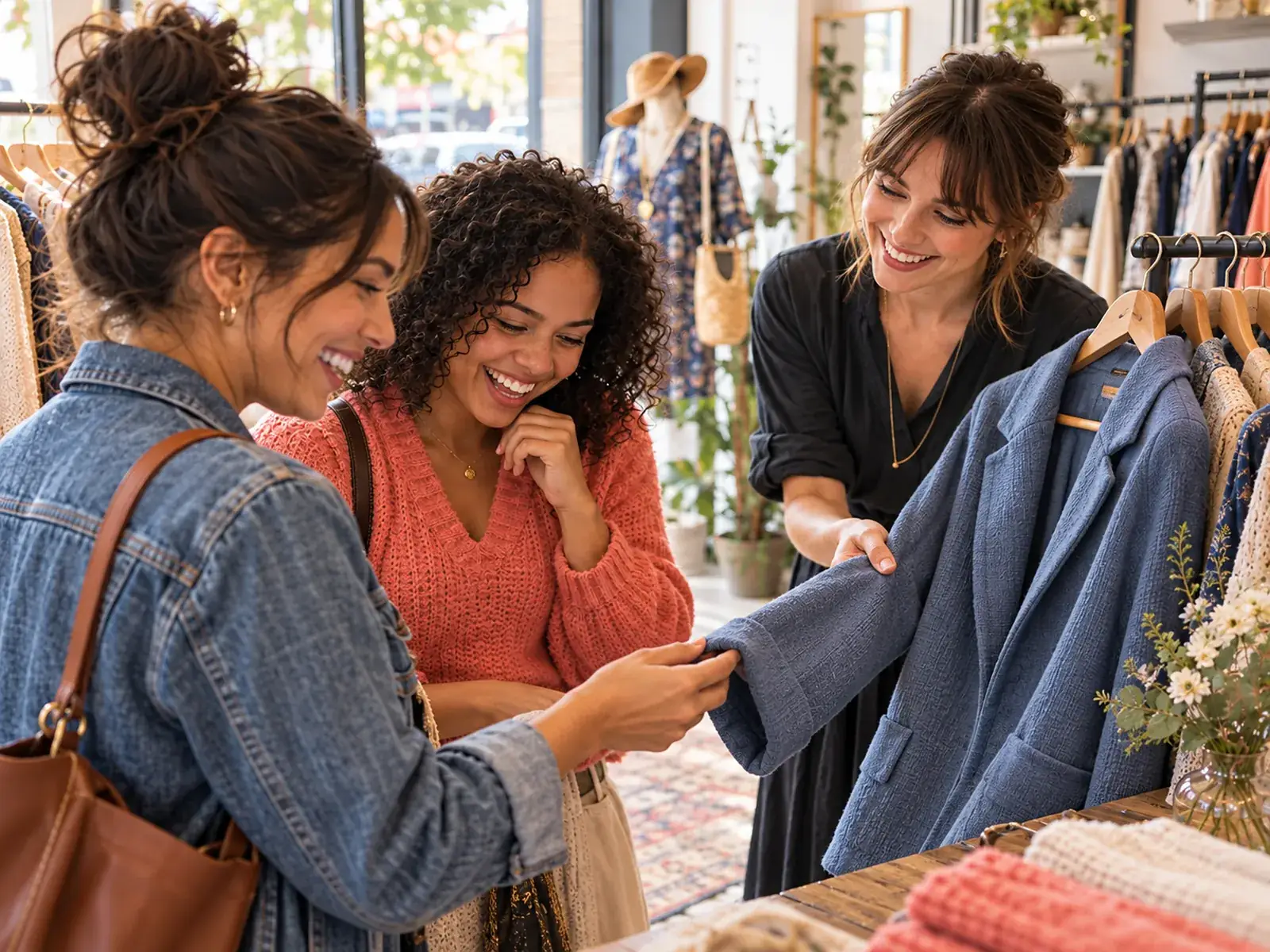 A boutique concierge helps two shoppers find a steel-blue jacket.