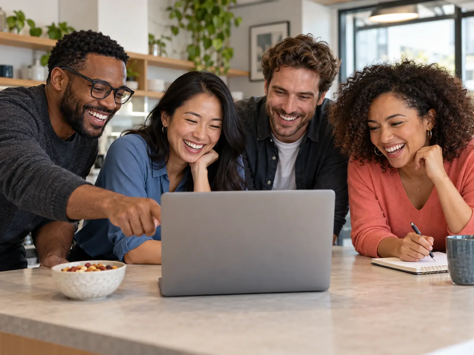 Four colleagues gathered around a laptop, laughing at a good answer.