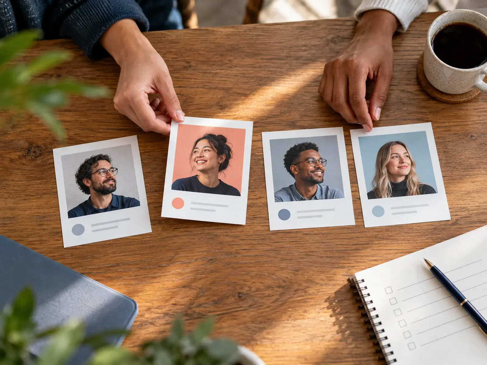 Hands arranging printed profile cards with portraits on a wooden table, beside a notebook with a checklist and a cup of coffee.