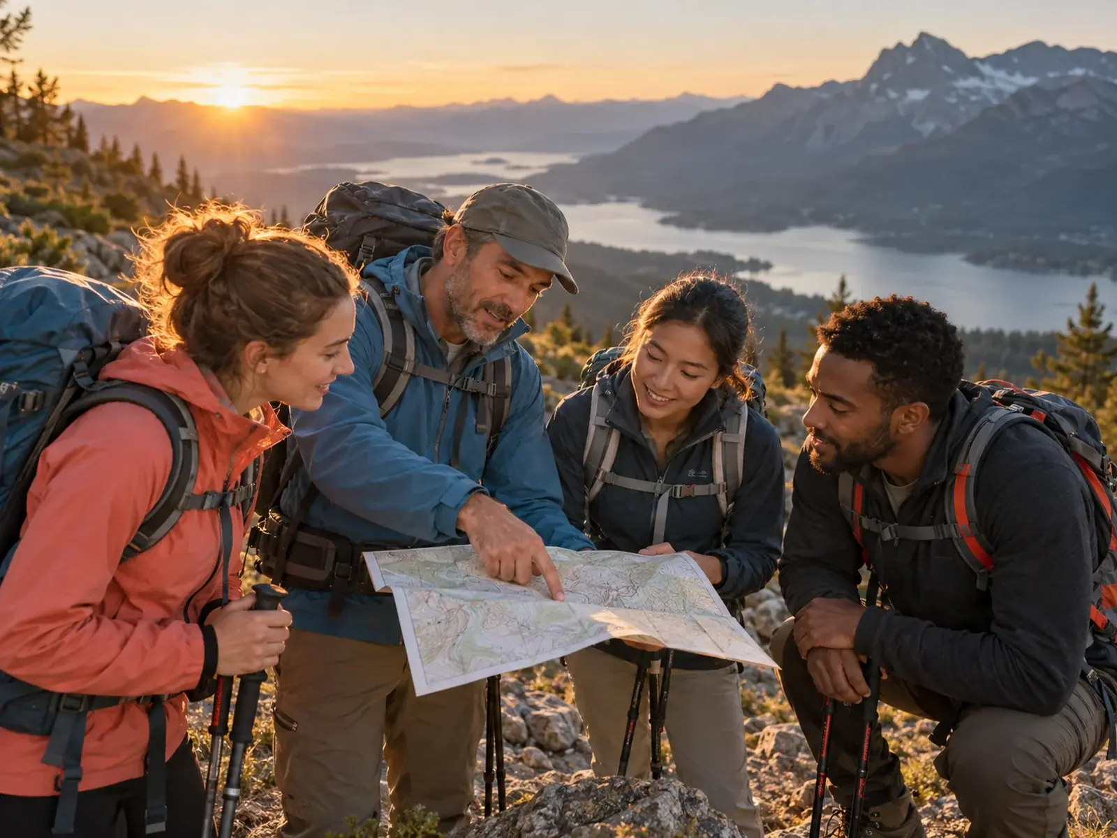 A guide showing a small group their route on a map at a trail junction.