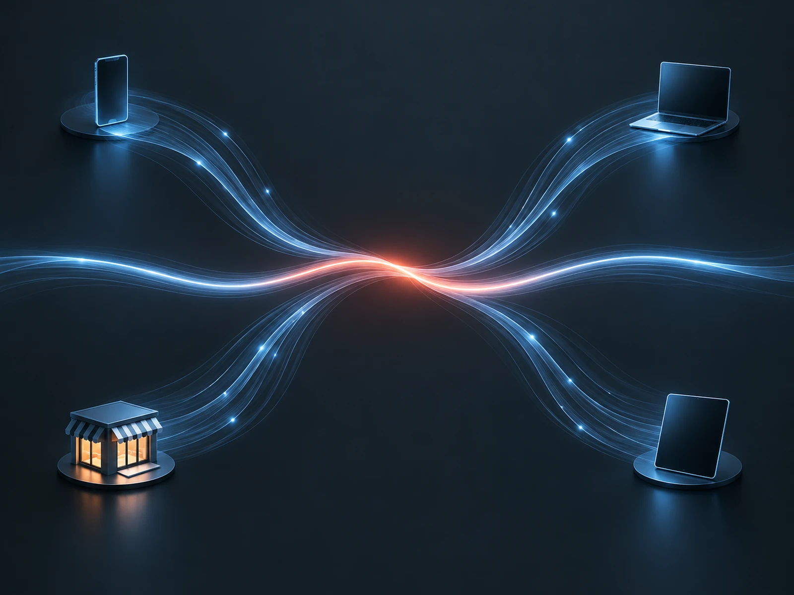 Abstract visualization of customer paths merging into one journey.