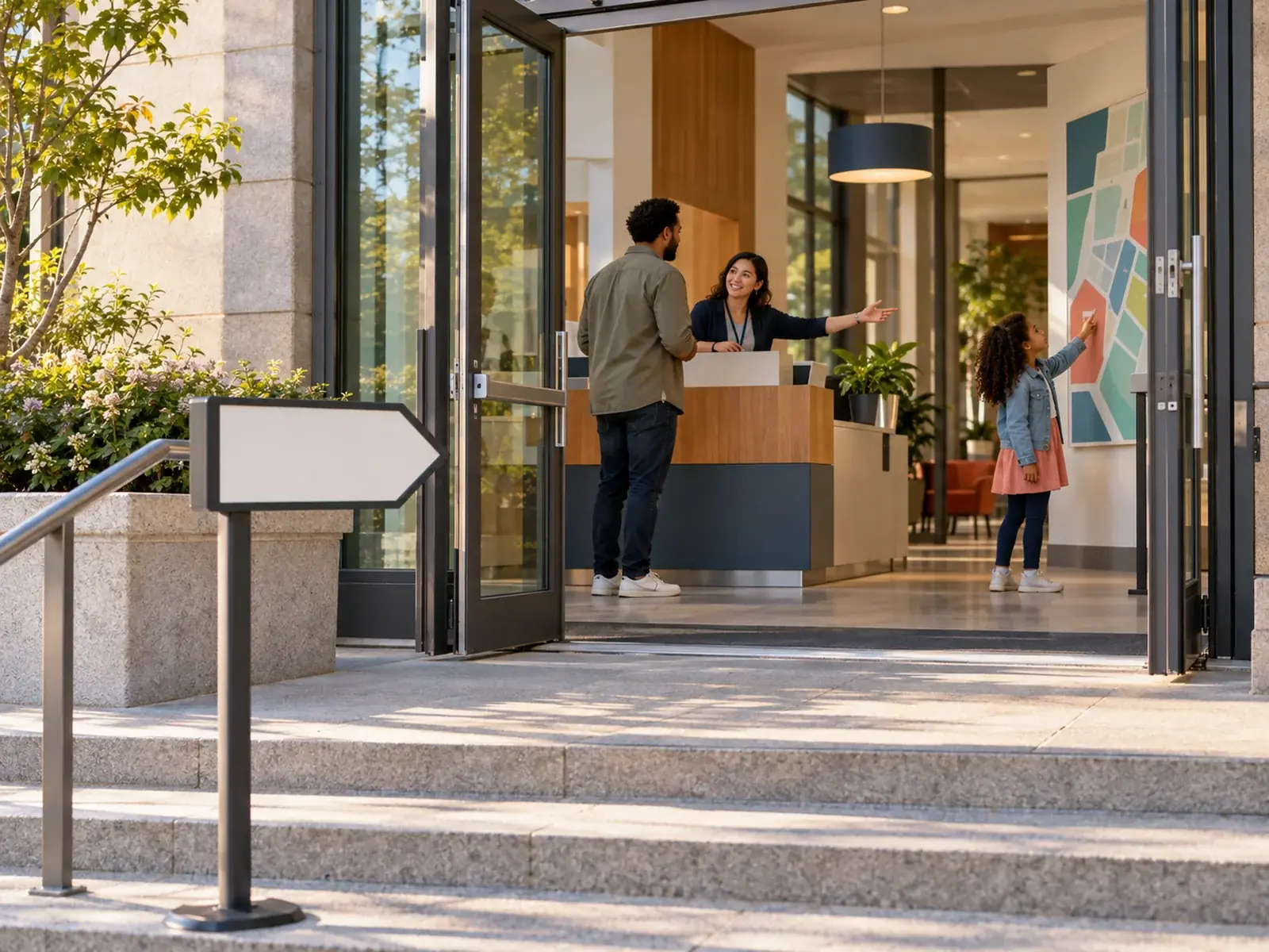 From the steps of a civic building, past a blank directional sign, a staff member at a lobby help desk helps a visitor while a child points at a wall map.