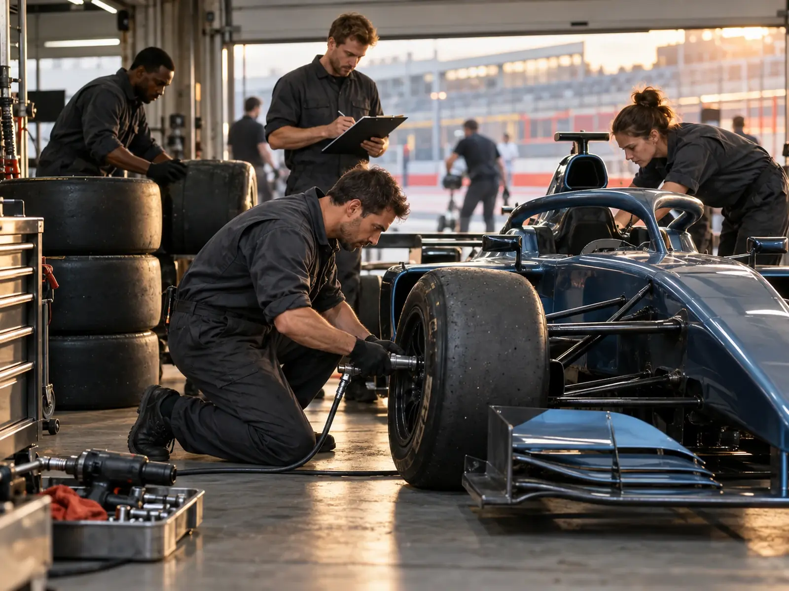 A race crew in dark overalls changes a wheel on a blue race car in a garage at sunset while a colleague takes notes on a clipboard.