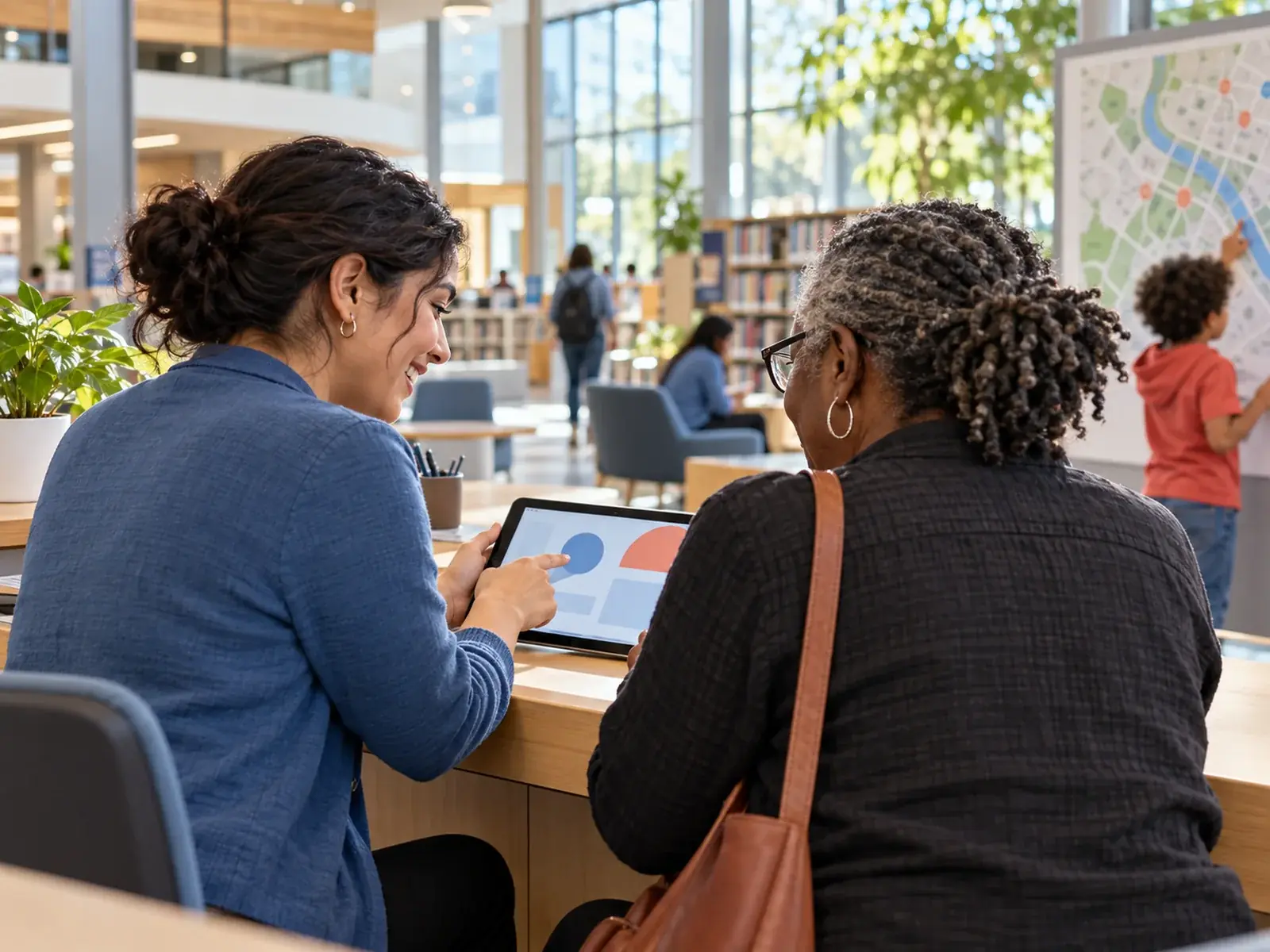 A staff member helps a resident with a tablet at a help desk in a bright public library lobby.