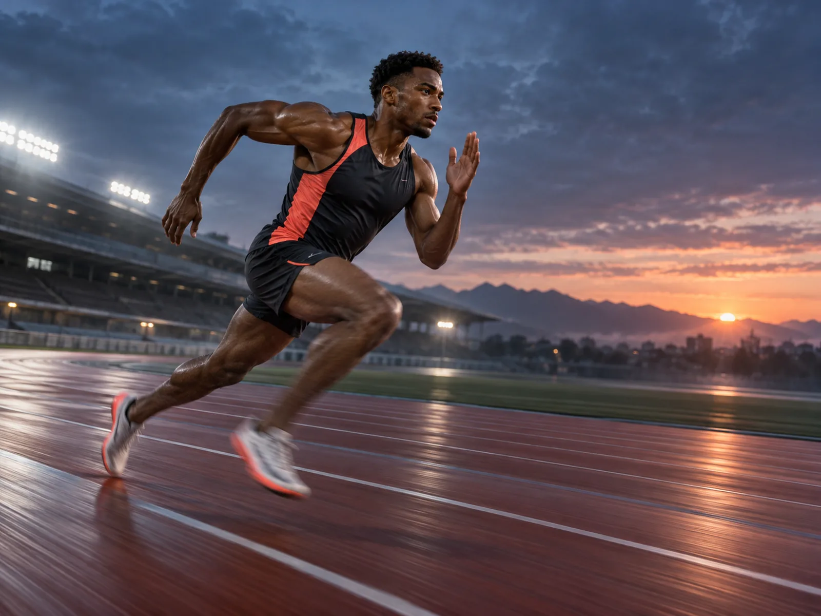A sprinter mid-stride on an athletics track at dawn.