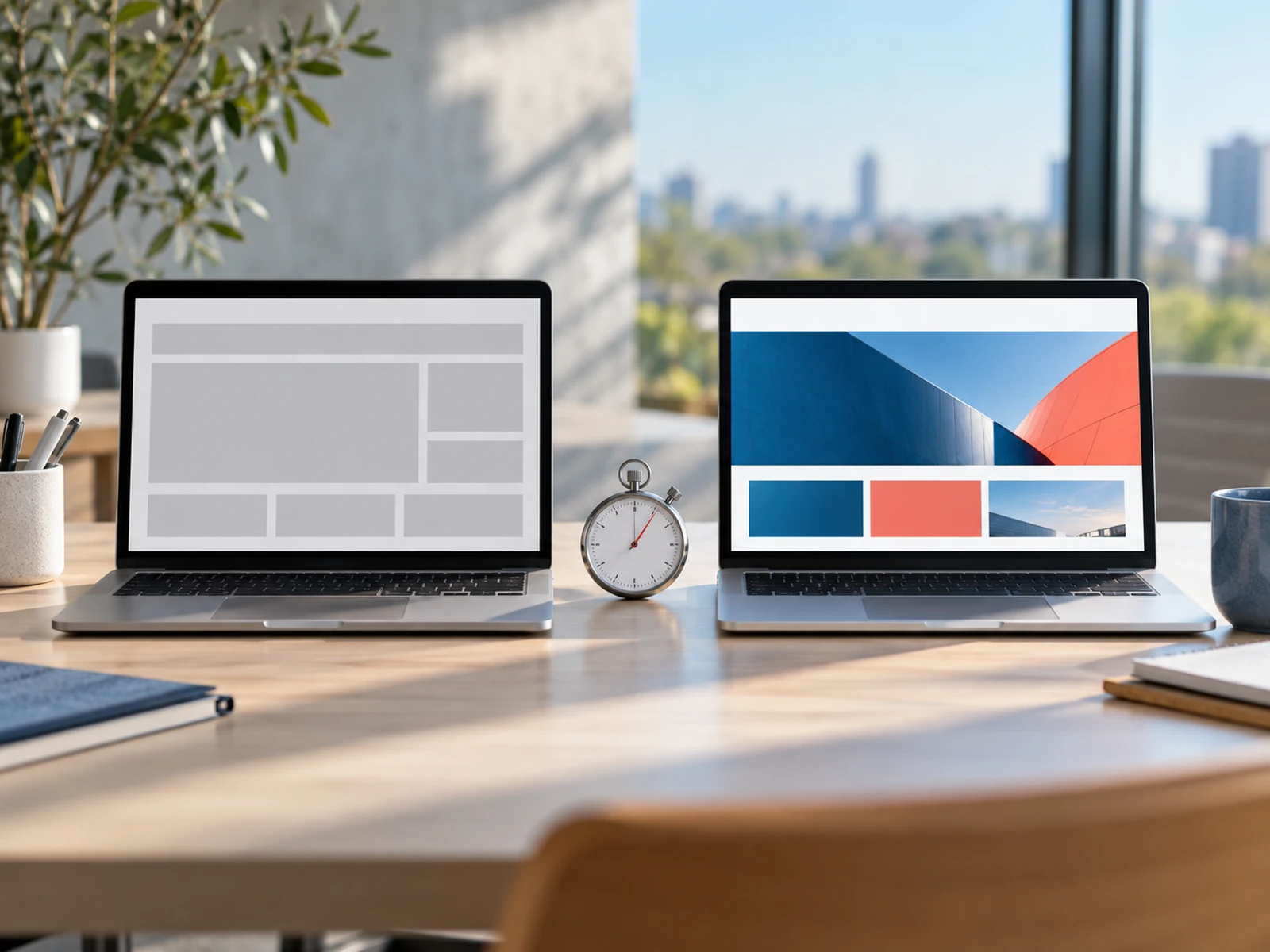 Two laptops comparing a slow and a fast page load.