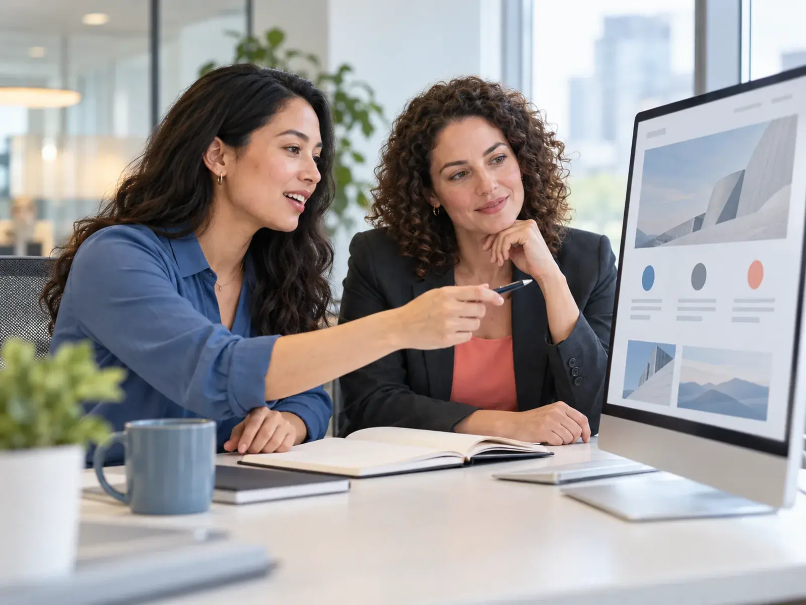Two colleagues at a desk reviewing a web page design on a large monitor, one pointing with a pen, an open notebook between them.