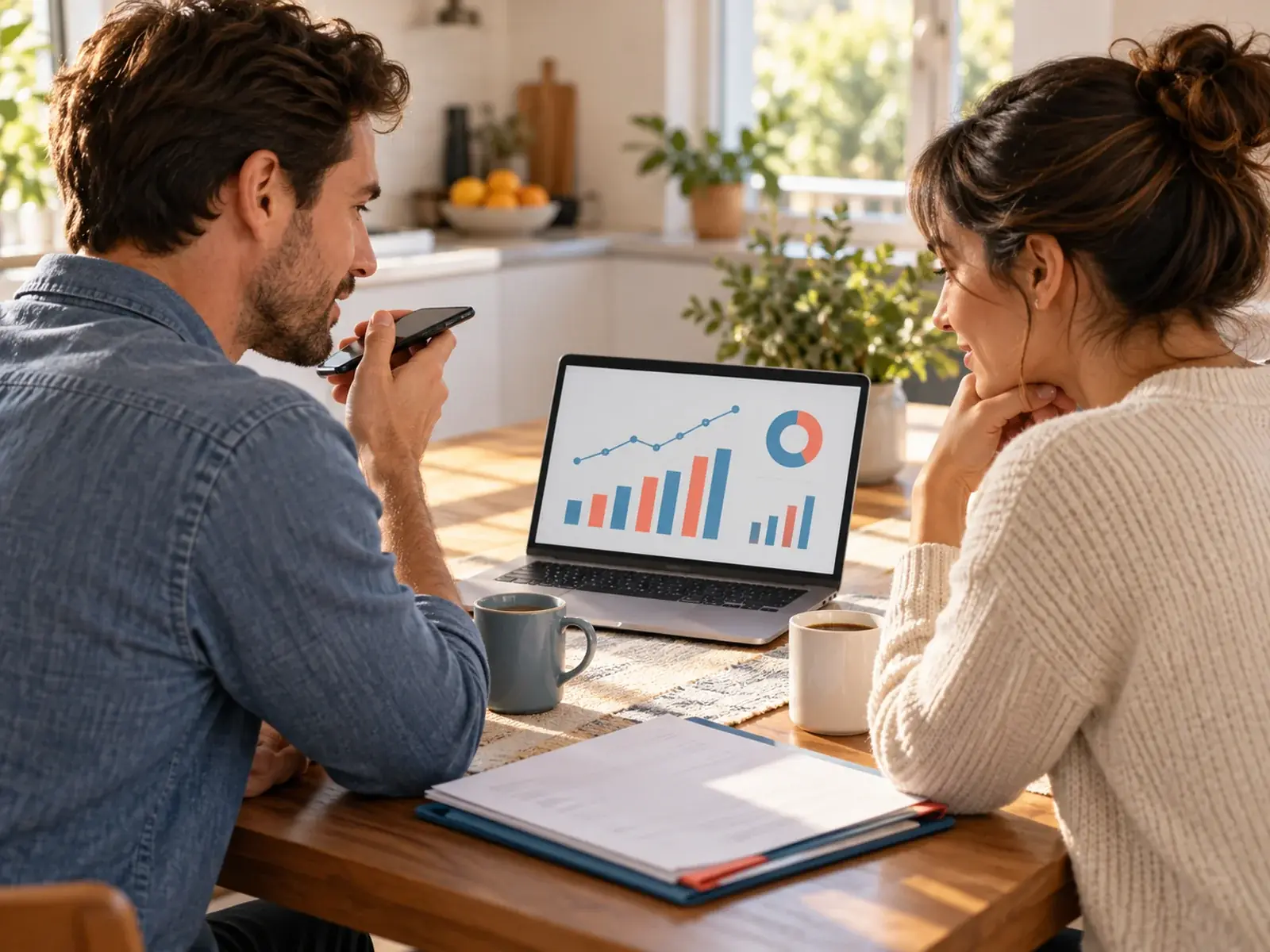 A couple at a sunlit kitchen table, one speaking into a phone while a laptop shows charts, with a folder of paperwork and two mugs on the table.
