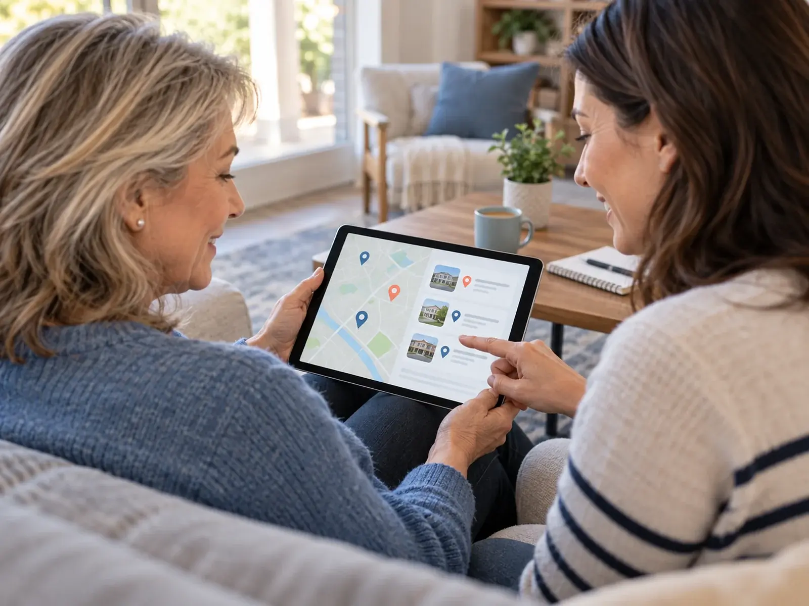 Two women on a living room sofa researching care options on a tablet that shows a map with location pins and a list of facilities.