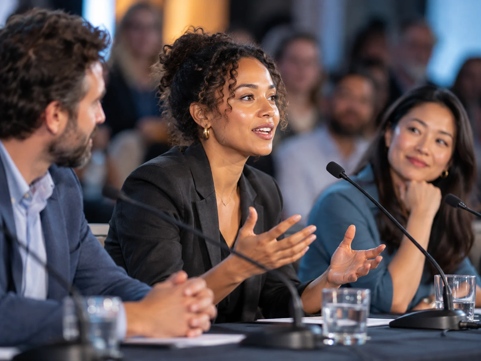 A panelist speaking into a microphone in front of an engaged audience.