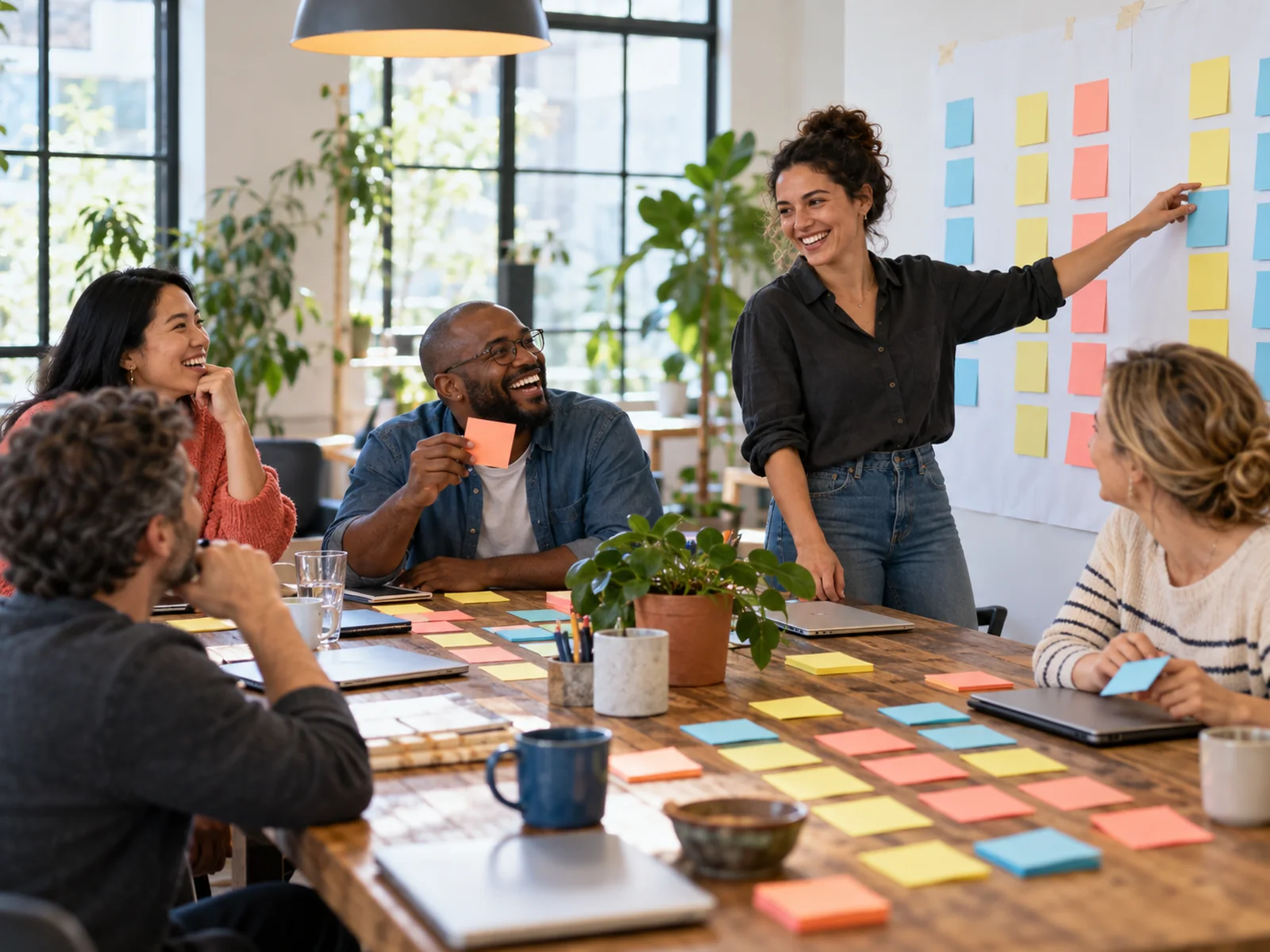 A mixed team of consultants and a client laughing around a table covered in sticky notes.