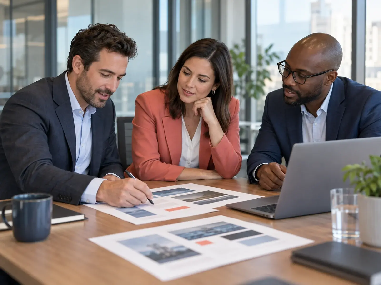 Three colleagues at a conference table reviewing printed page layouts and a laptop, one marking edits with a pen.
