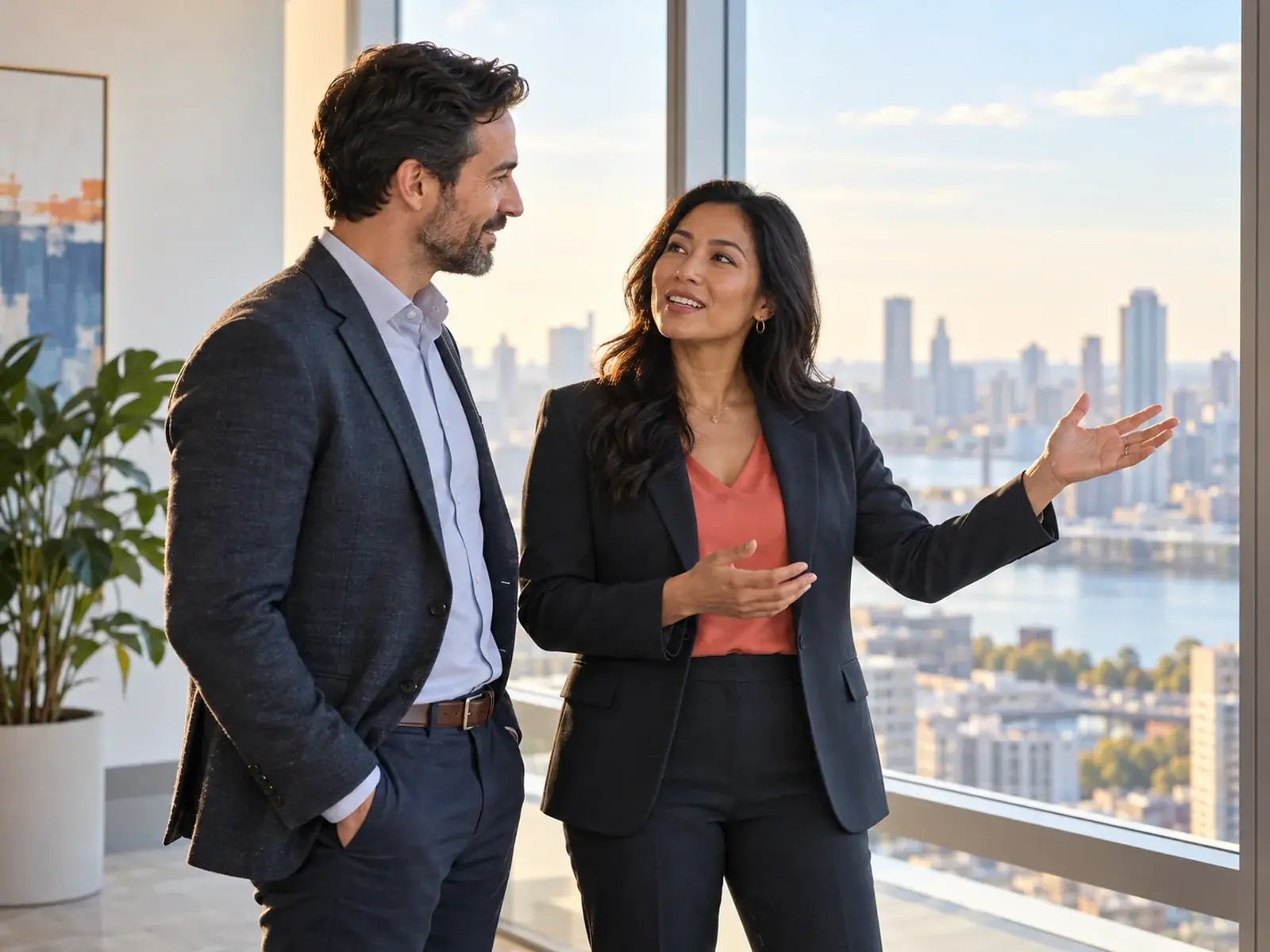 Two professionals talking beside a floor-to-ceiling window with a city skyline, one gesturing toward the view.