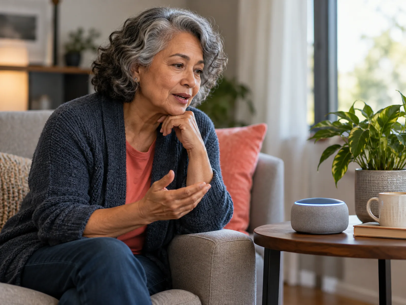 Resident asking an AI assistant a question at home.