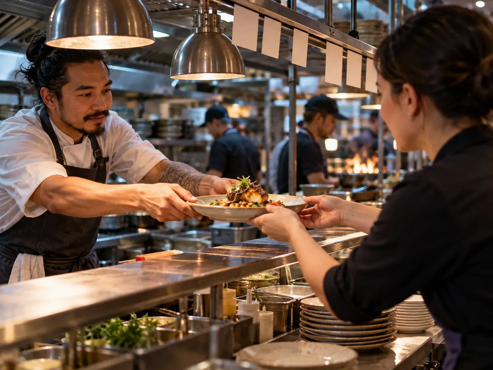 A chef passing a finished plate to a server at a kitchen pass.
