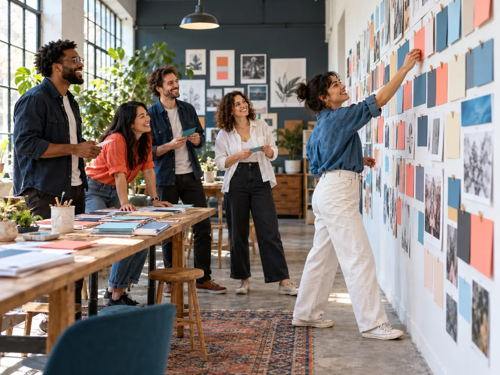 A creative and marketing team moving project cards across a wall planner.