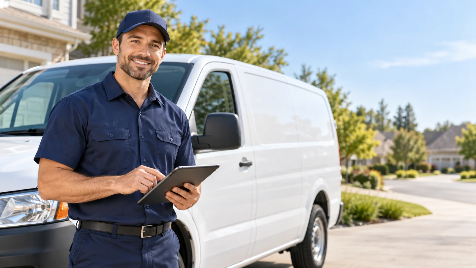 A smiling home services technician in a navy uniform and cap holding a tablet beside a white service van on a sunny suburban street.